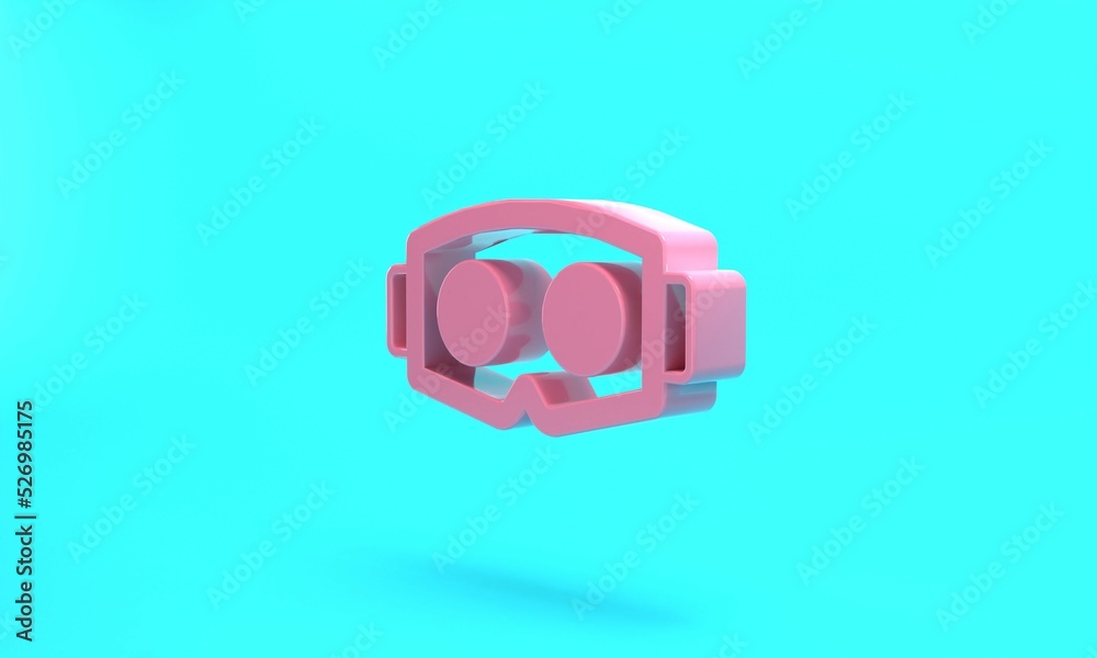 Pink Virtual reality glasses icon isolated on turquoise blue background. Stereoscopic 3d vr mask. Optical head mounted display. Minimalism concept. 3D render illustration Pink Virtual reality glasses icon isolated on turquoise blue background. Stereoscopic 3d vr mask. Optical head mounted display. Minimalism concept. 3D render illustration