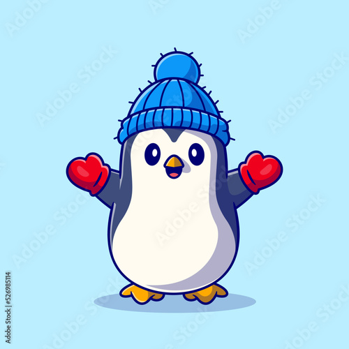 Cute Penguin Wearing Glove and hat Cartoon Vector Icon
Illustration. Animal Winter Icon Concept Isolated Premium
Vector. Flat Cartoon Style