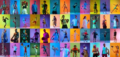 Sport collage of professional athletes on gradient multicolored neoned background. Concept of motion, action, active lifestyle, achievements
