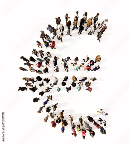 Concept or conceptual large community of people forming the euro font. 3d illustration metaphor for unity and diversity, humanitarian, teamwork, cooperation, education, friendship and community