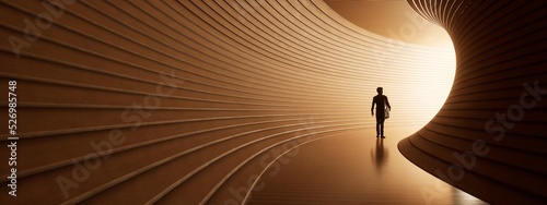 Concept conceptual dark tunnel with a bright light at the end or exit. 3d illustration as metaphor to success, faith, future or hope, a black silhouette of walking man to new opportunity or freedom
