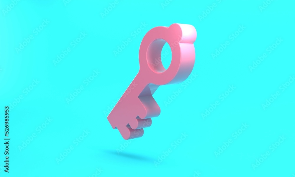 Pink Old magic key icon isolated on turquoise blue background. Minimalism concept. 3D render illustration Pink Old magic key icon isolated on turquoise blue background. Minimalism concept. 3D render illustration