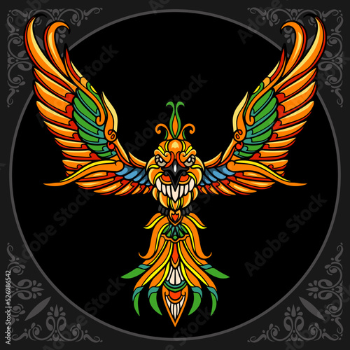 Colorful Phoenix bird zentangle arts isolated on black background