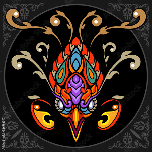 Colorful Phoenix bird zentangle arts isolated on black background