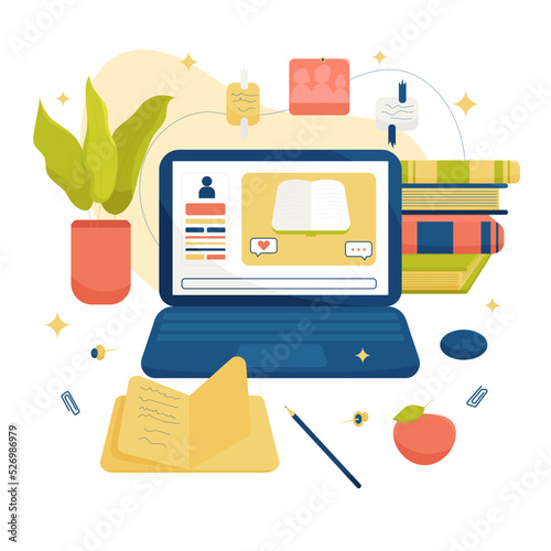 E-learning Vector Illustration With Computer, Books, Home Plant, Note Pad and Other Objects on the Desktop. Perfect for Web Banners, Social Media, Printed Materials, etc.
