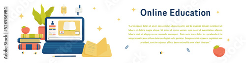 Online Education Vector Banner With Computer, Books, Home Plant, Apple and Other Objects. Perfect for Websites, Social Media, Printed Materials, etc.