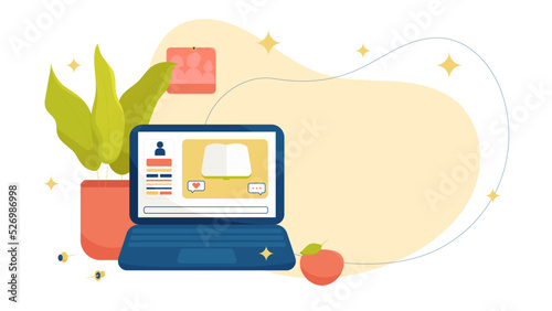 Online Education Vector Banner With Computer, Home Plant, Apple on the Abstract Background. Perfect for Websites, Social Media, Printed Materials, etc.