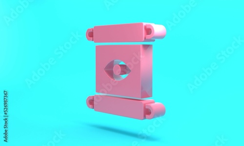 Pink Magic scroll icon isolated on turquoise blue background. Decree, paper, parchment, scroll icon. Minimalism concept. 3D render illustration