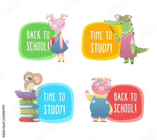 Cute school label with animals. Back to school and time to learn bages with schoolkids and teacher. Vector illustration in cartoon style