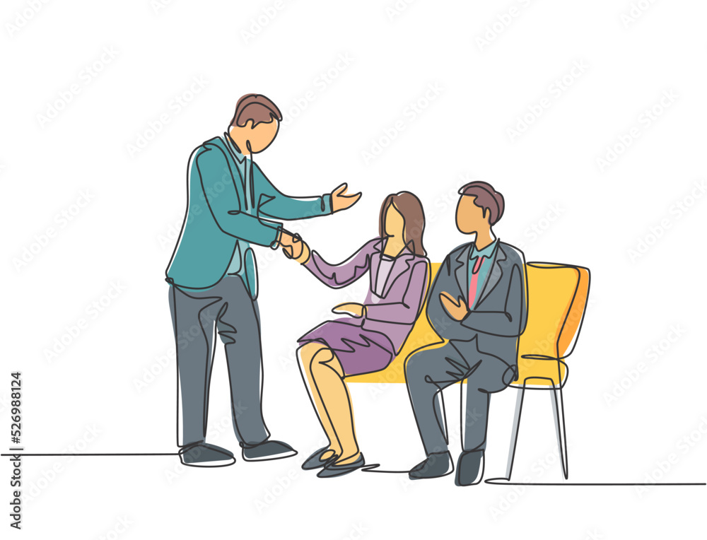 Fototapeta premium One line drawing of company manager meet and handshaking employee candidates while sitting on chair to take job interview. Modern continuous line draw design vector graphic illustration