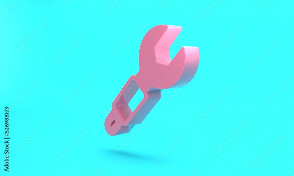 Pink Wrench spanner icon isolated on turquoise blue background. Spanner repair tool. Service tool symbol. Minimalism concept. 3D render illustration Pink Wrench spanner icon isolated on turquoise blue background. Spanner repair tool. Service tool symbol. Minimalism concept. 3D render illustration