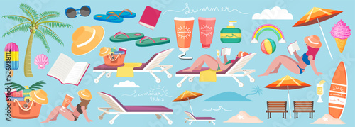 Illustration vector flat summer items collection isolated on blue background