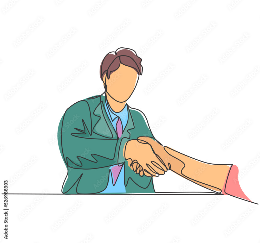 Continuous line drawing of young doctor handshake the patient in hospital after running test on lab. Healthcare medical check up concept. One line drawing vector illustration