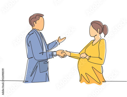 Continuous line drawing of obstetrician and gynecologist doctor handshake and congratulate a young happy pregnant mom about her pregnancy. One line drawing vector illustration