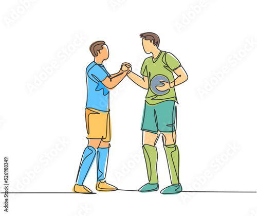 Continuous line drawing of two football player bring a ball and handshaking to show sportsmanship before starting the match. Respect in soccer sport concept. One line drawing vector illustration