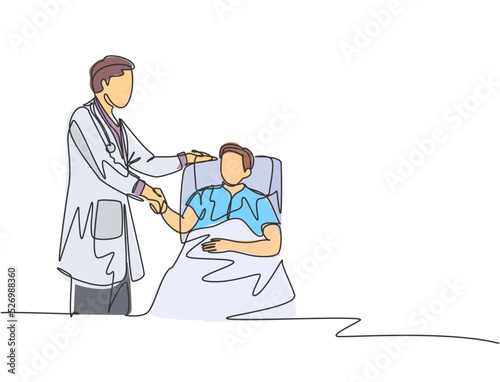 Continuous line drawing of young doctor visit a patient laying at bed in hospital and handshaking him to ask the condition - one line drawing vector