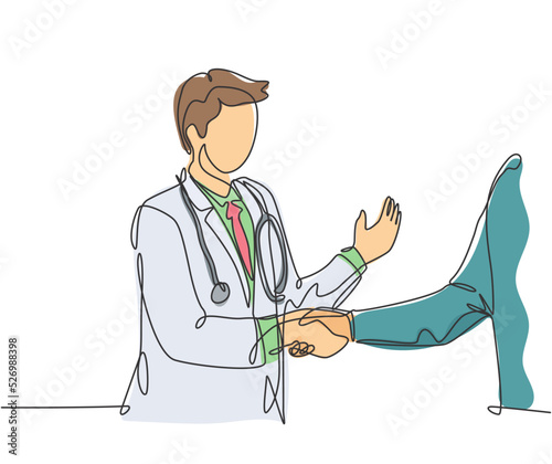 Continuous line drawing of young doctor shaking hand the patient in hospital. Healthcare medical check up concept. One line drawing vector illustration