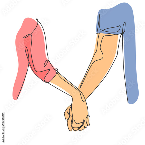 One line drawing of two adult hands holding each other together to express love and care. Romantic young couple lover concept. Continuous line draw design, graphic vector illustrator