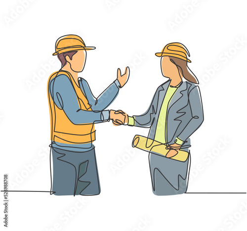 One line drawing of young architect woman and builder foreman wearing construction vest and helmet shaking their hands together. Great teamwork concept. Continuous line drawing, vector illustration