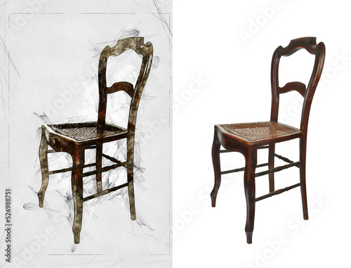 Illustration sketch and realisation of a Antique wooden chair