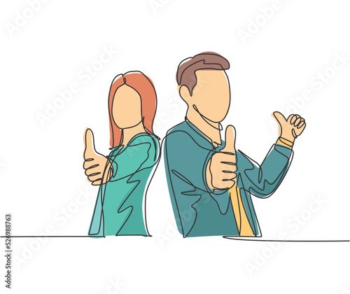 One line drawing of young happy couple businessman and businesswoman giving thumbs up gesture. Great business teamwork concept. Continuous line graphic draw design vector illustration