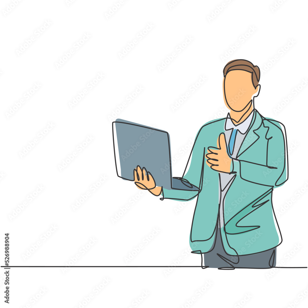 One line drawing of young happy businessman stand up and carrying laptop while giving thumbs up gesture. Business service excellence concept. Continuous line draw design graphic vector illustration One line drawing of young happy businessman stand up and carrying laptop while giving thumbs up gesture. Business service excellence concept. Continuous line draw design graphic vector illustration