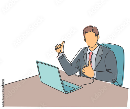 One line drawing of young business man giving thumbs up gesture and sitting on office chair and open the laptop to start working. Business management concept. Continuous line draw design vector