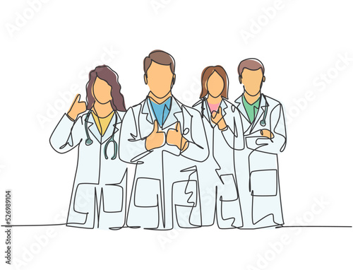 Fototapeta Naklejka Na Ścianę i Meble -  One line drawing of groups of young male and female doctors giving thumbs up gesture as service excellence symbol. Medical team work concept. Continuous line draw design vector illustration