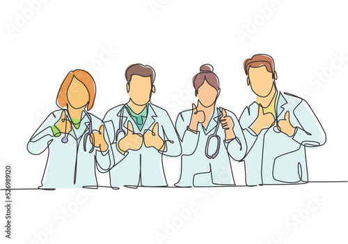 Fototapeta Naklejka Na Ścianę i Meble -  One line drawing of groups of young happy male and female doctors giving thumbs up gesture as service excellence symbol. Medical team work concept. Continuous line draw design vector illustration