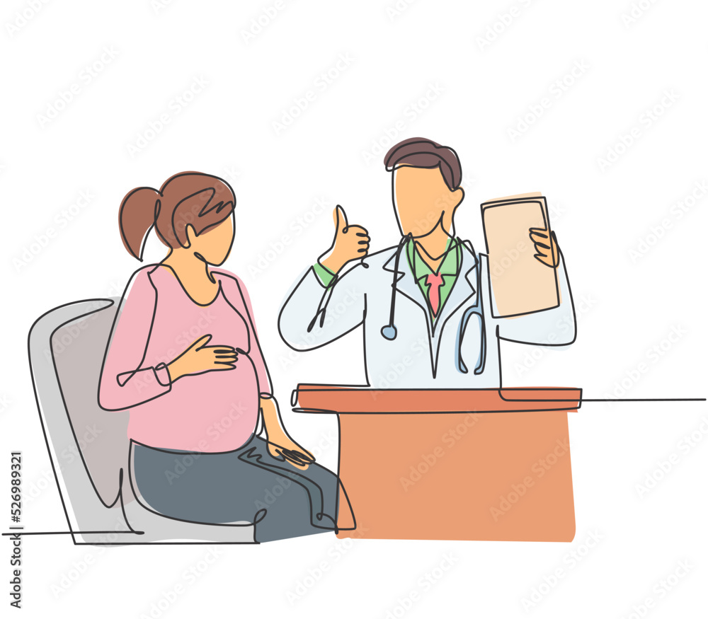 One line drawing of young happy obstetrician doctor checking up pregnancy mom and tell good result on hospital. Medical healthcare service concept. Continuous line draw design vector illustration One line drawing of young happy obstetrician doctor checking up pregnancy mom and tell good result on hospital. Medical healthcare service concept. Continuous line draw design vector illustration
