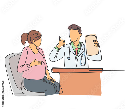 One line drawing of young happy obstetrician doctor checking up pregnancy mom and tell good result on hospital. Medical healthcare service concept. Continuous line draw design vector illustration