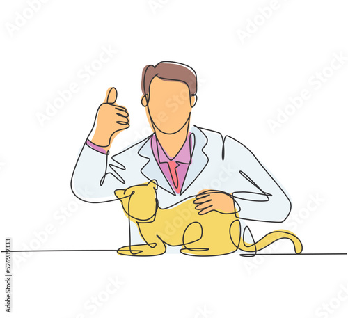One line drawing of young happy veterinarian doctor pose thumbs up gesture after treating sick cat at clinic. Pet health care concept. Continuous line draw design vector illustration