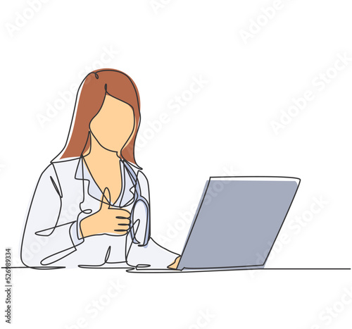 One line drawing of young happy doctor woman open a laptop to write medical record and gives thumbs up gesture. Healthcare service concept. Continuous line draw design vector illustration