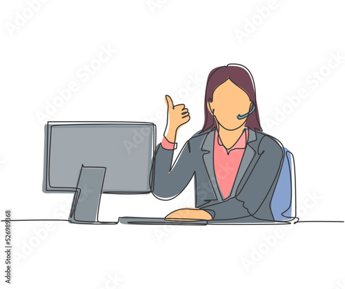 Single line drawing of young female call center worker sitting in front of computer and answering phone from customer. Customer service business concept continuous line draw design vector illustration