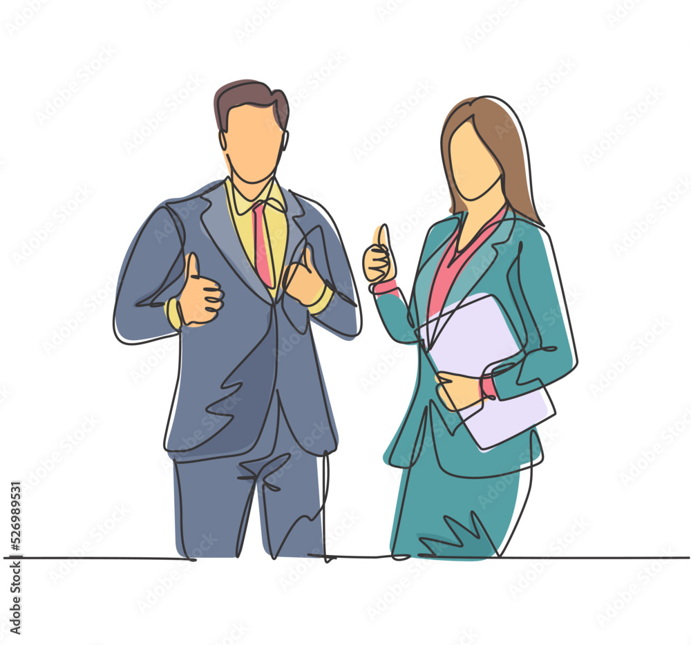Single line drawing group of young happy couple businessman and businesswoman standing up together giving thumbs up gesture. Business teamwork concept. Continuous line draw design vector illustration Single line drawing group of young happy couple businessman and businesswoman standing up together giving thumbs up gesture. Business teamwork concept. Continuous line draw design vector illustration