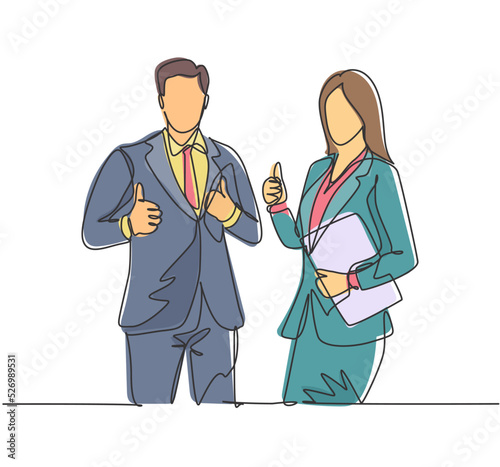 Single line drawing group of young happy couple businessman and businesswoman standing up together giving thumbs up gesture. Business teamwork concept. Continuous line draw design vector illustration