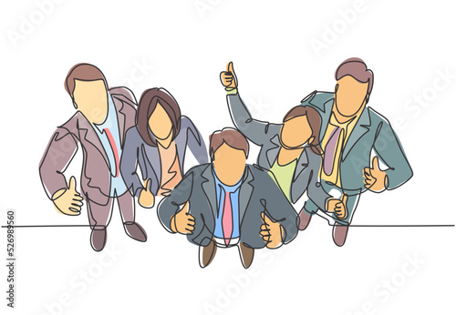 Single line drawing group of line up young businessmen and businesswoman standing up together giving thumbs up gesture from top view. Business concept. Continuous line draw design vector illustration