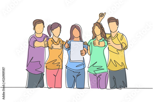 Single line drawing group of young happy entrepreneur show the award certificate and giving thumbs up gesture together. Business achievement concept. Continuous line draw design vector illustration