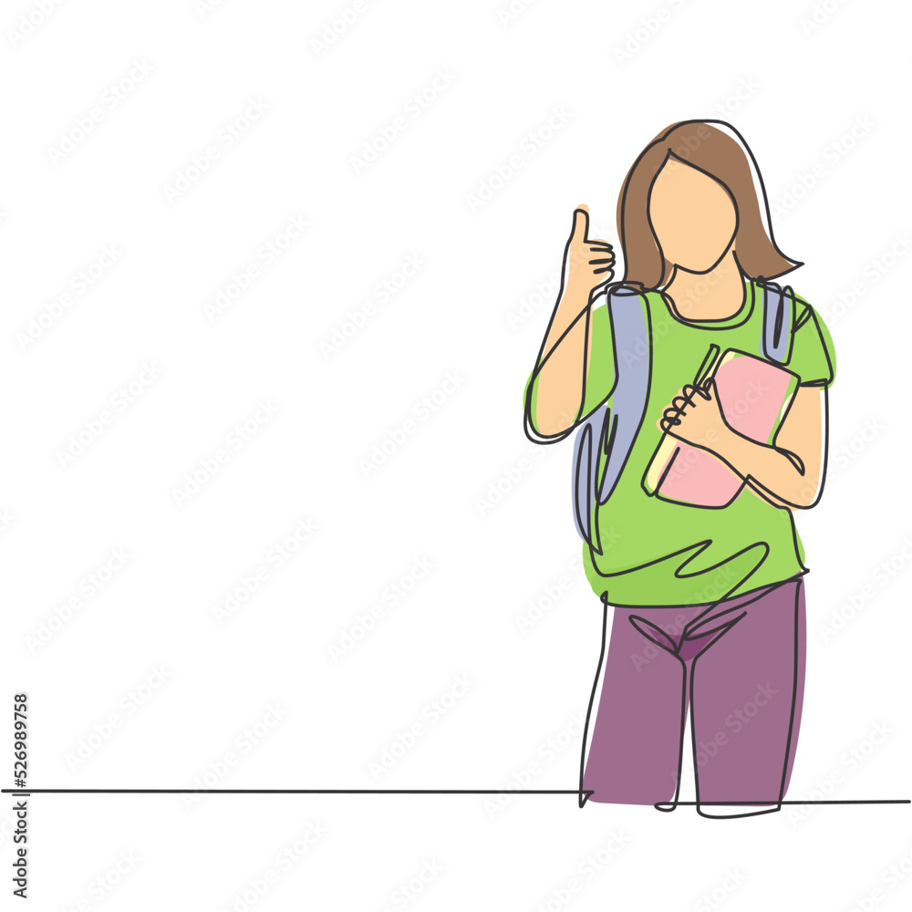One line drawing of young beauty elementary school girl student holding book and school bag while gives thumb up gesture. Education concept continuous line draw design vector graphic illustration One line drawing of young beauty elementary school girl student holding book and school bag while gives thumb up gesture. Education concept continuous line draw design vector graphic illustration
