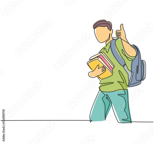 One line drawing of young happy elementary school boy student carrying stack of books and giving thumbs up gesture. Education concept continuous line draw design vector illustration