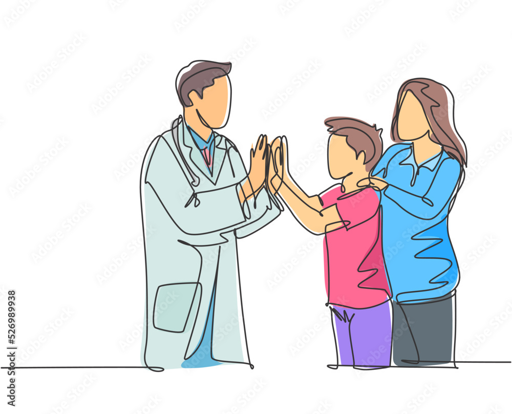 Single line drawing of young happy male doctor checking up sick patient boy and giving high five gesture. Medical healthcare concept continuous line draw design graphic vector illustration Single line drawing of young happy male doctor checking up sick patient boy and giving high five gesture. Medical healthcare concept continuous line draw design graphic vector illustration