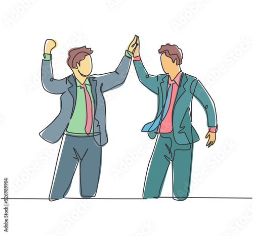 One line drawing of two young happy businessmen celebrating their successive goal with high five gesture together. Business deal concept continuous line draw design graphic vector illustration