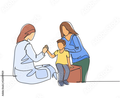 Single line drawing of young happy female doctor checking up sick patient boy and giving high five gesture. Medical healthcare concept. Trendy continuous line draw design vector graphic illustration