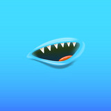 Vector Cartoon vampire mouth with fangs isolated on blue background. Funny and cute blue Halloween Monster mouth with teeth and tongue