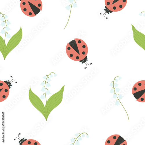 Seamless pattern with ladybug and Flower Muguet © Ludmila