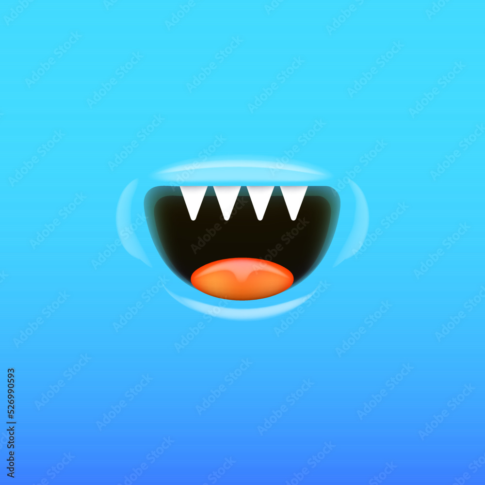 Vector Cartoon vampire mouth with fangs isolated on blue background. Funny and cute blue Halloween Monster mouth with teeth and tongue Vector Cartoon vampire mouth with fangs isolated on blue background. Funny and cute blue Halloween Monster mouth with teeth and tongue