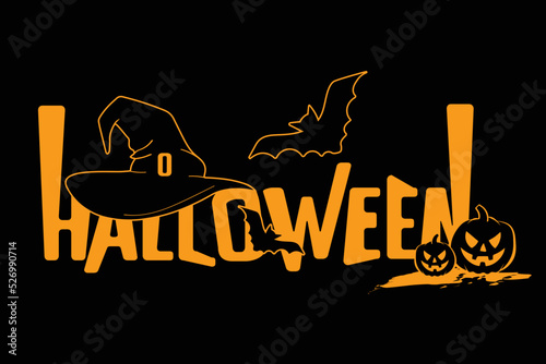 Halloween Typography with Hat, Bats and Pumpkins in yellow and black colors