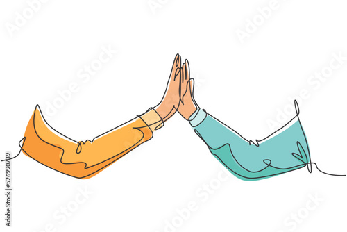 One line drawing of two men giving high fives gesture hands wearing office clothes to celebrate success. Business teamwork concept. Trendy continuous line draw graphic design illustration