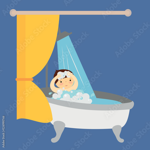 the boy takes a bath and washes his hair