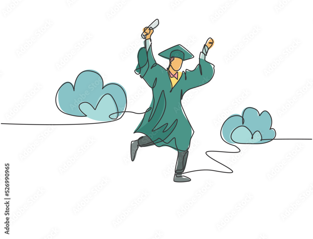 Single line drawing of young happy college student jumping high to celebrate his school graduation. Education celebration concept. Continuous line draw graphic design vector illustration Single line drawing of young happy college student jumping high to celebrate his school graduation. Education celebration concept. Continuous line draw graphic design vector illustration